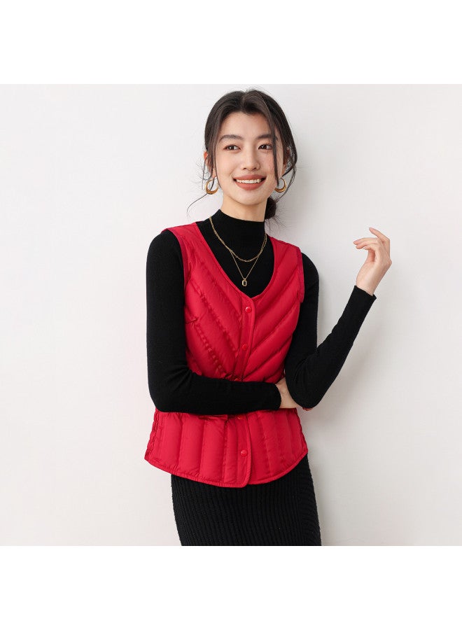 YaYa Winter Classic V-neck Women's Vest, Can Be Worn Inside Or Outside, Button Placket, Solid Color, Simple, 90% Down Vest For Women - Image 5
