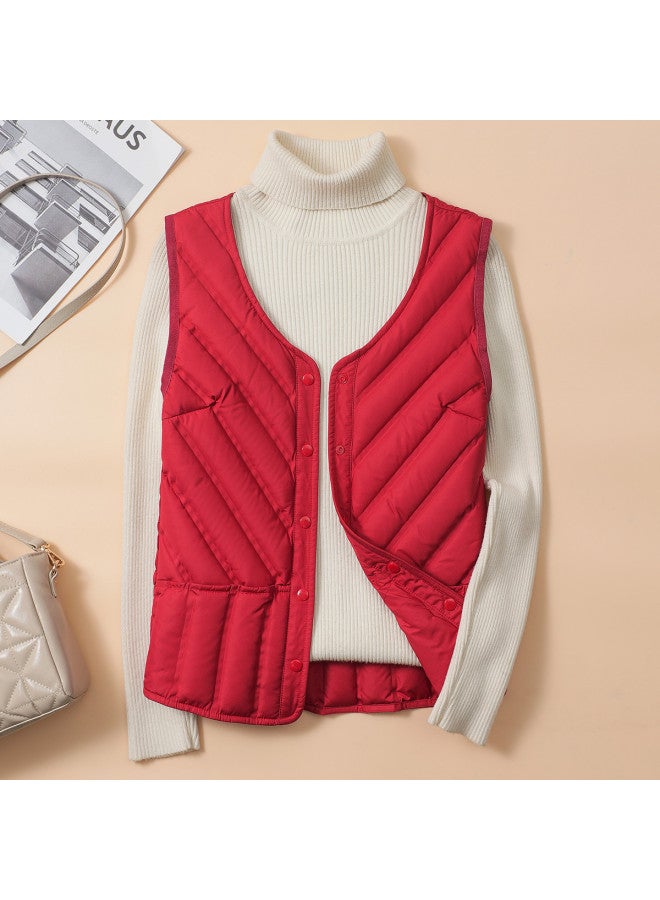 YaYa Winter Classic V-neck Women's Vest, Can Be Worn Inside Or Outside, Button Placket, Solid Color, Simple, 90% Down Vest For Women - Image 2