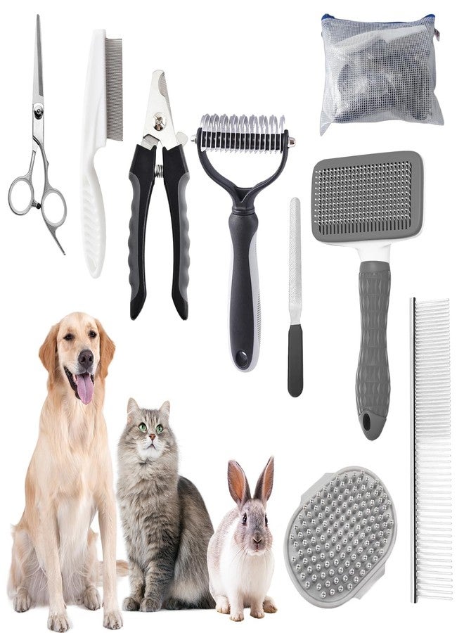 KUEIOX Dog Brush for Shedding,9 PCS in One Pet Slicker Hair Brush Kit with Pet Nail Clipper and File - Dog Cat Grooming Deshedding Undercoat Rake Brush Comb for All Small Large Dogs Cats Grey - Image 1