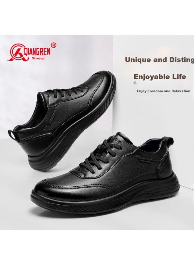 Strongman Qiangren Large Size Athletic Leather Shoes, Breathable Fashion Simple Business Casual Men's Shoes, Jda87578, Black, Size 45 - Image 1