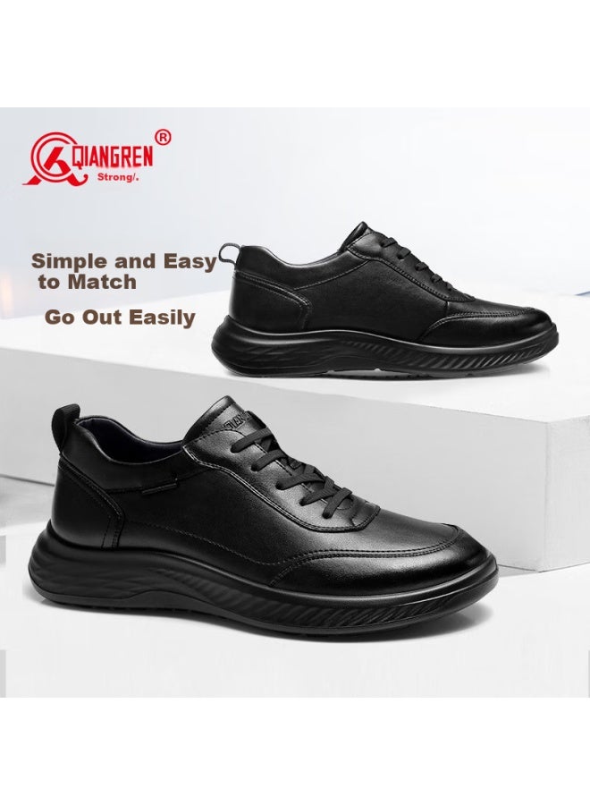 Strongman Qiangren Large Size Athletic Leather Shoes, Breathable Fashion Simple Business Casual Men's Shoes, Jda87578, Black, Size 45 - Image 2