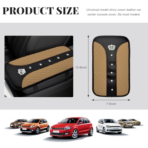 FSTURIOS Bling Leather Car Center Console Cover, 12.6"×7.5" Crystal Anti-Scratch Armrest Protector Seat Box Cover, Waterproof Sparkly Auto Console Cushion Decor for Car Truck SUV (Beige) - Image 2