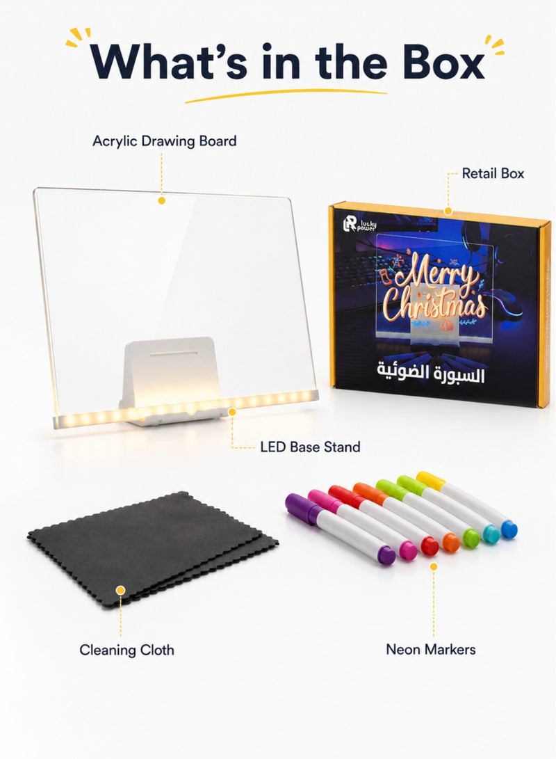   لكي بور لاكي باور PL-26 سبورة أكريليك مضيئة للرسم والكتابة تعمل عبر USB، قابلة للمسح وإعادة الاستخدام مع حامل قابل للتعديل وأقلام نيون – شفاف/أبيض - Image 5