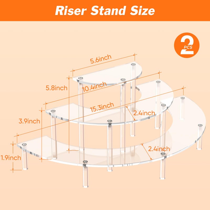 Dooiclear 3 Tier Acrylic Display Risers 2 Pack, Half Moon Cupcake Stand, Clear Perfume Organizer, Dessert Stand for Display, Clear Display Stand for Food, Cupcake, Perfume, Collections - Image 2