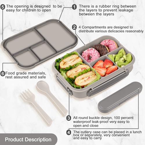 Amathley Lunch Box Kids,Bento Box Adult,Leakproof Lunch Containers for Adults/Kids/Toddler,1200ML-4 Compartments bento Lunch box with Utensil,Microwave & Dishwasher & Freezer Safe (White) - Image 3