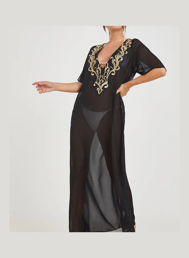 Styli Embroidered Detail Maxi Kimono