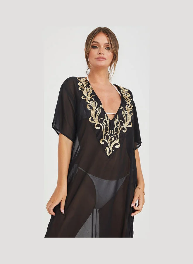 Styli Embroidered Detail Maxi Kimono