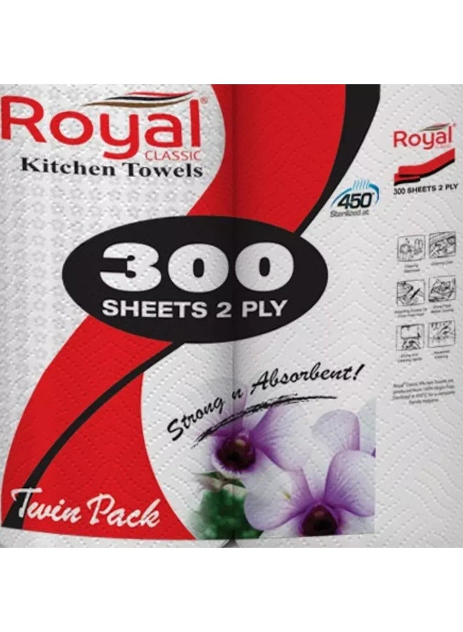 Royal Royal Kitchen Towel, Strong and Absorbent Tissue Rolls with 2 Ply, 300 Sheets 