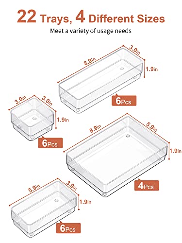 SMARTAKE 22-Piece Drawer Organizer with Non-Slip Silicone Pads, 4-Size Clear Desk Drawer Organizer Trays Storage Tray for Makeup, Jewelries, Utensils in Bedroom Dresser, Office and Kitchen, Clear - Image 2