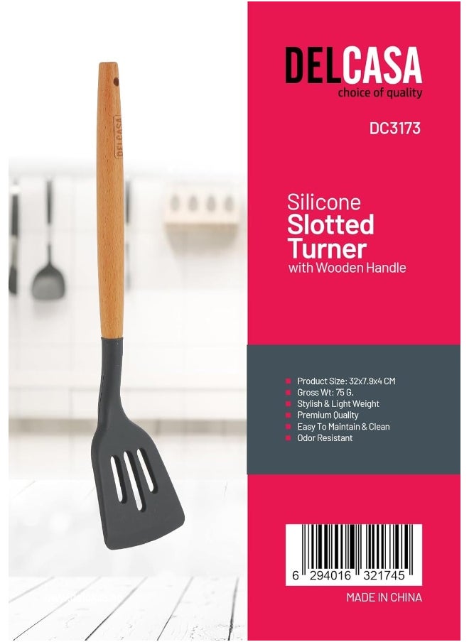 DELCASA Delcasa DC3173 Silicone Slotted Turner with Wooden Handle  - Image 1