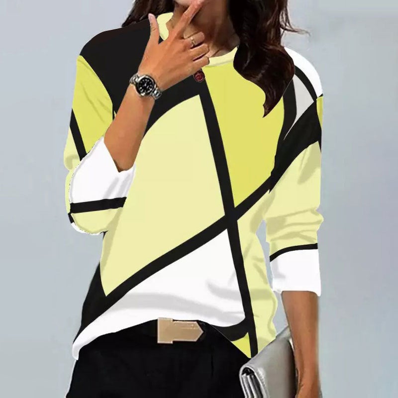 European and American Cross-Border Women's New Shirts Supports Retro Geometric Print Round Neck Long-Sleeved T-Shirts for Various Platforms - Image 1