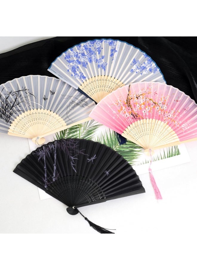 Generic 4 Pcs Handheld Folding Silk Fan with Tassel, Floral Design, Manual, Bamboo Ribs, Accordion, Bulk for Women & Men, Music Festival, Dance Party Decoration  - Image 2