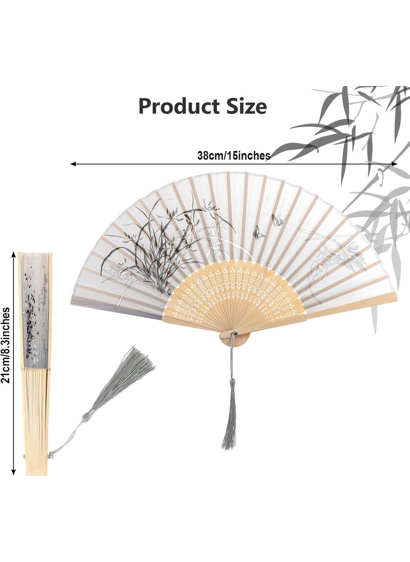 Generic 4 Pcs Handheld Folding Silk Fan with Tassel, Floral Design, Manual, Bamboo Ribs, Accordion, Bulk for Women & Men, Music Festival, Dance Party Decoration  - Image 3