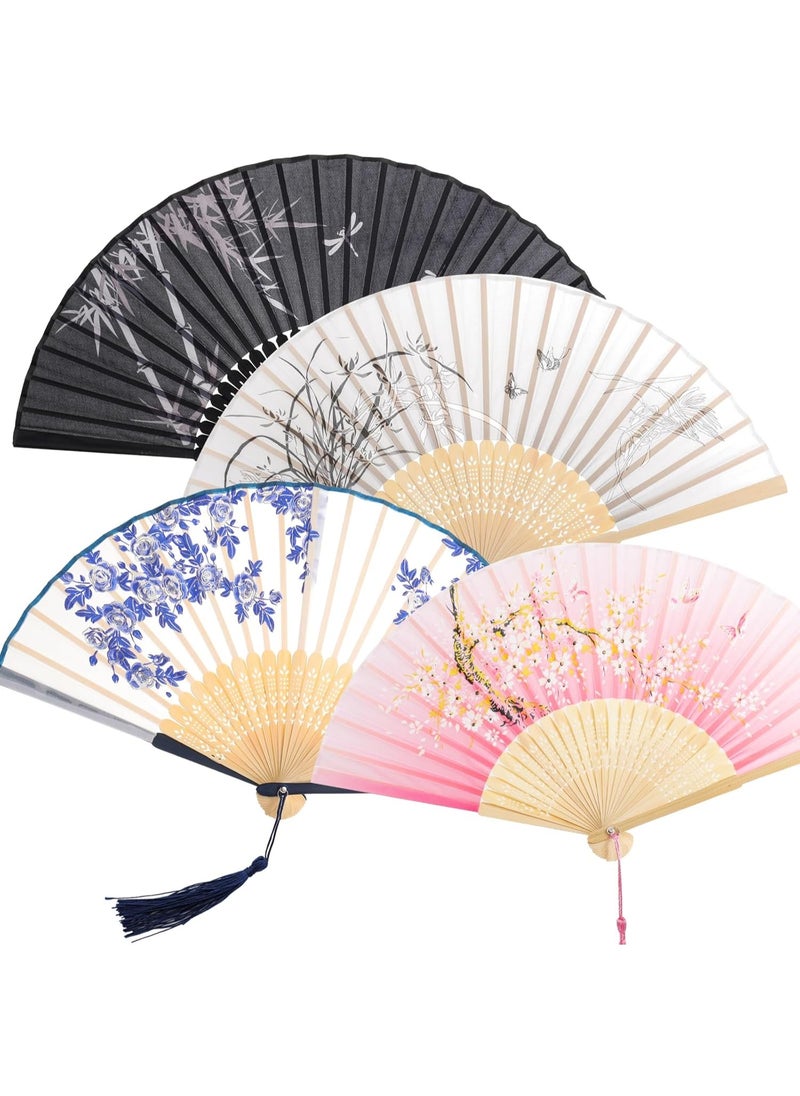 Generic 4 Pcs Handheld Folding Silk Fan with Tassel, Floral Design, Manual, Bamboo Ribs, Accordion, Bulk for Women & Men, Music Festival, Dance Party Decoration  - Image 1