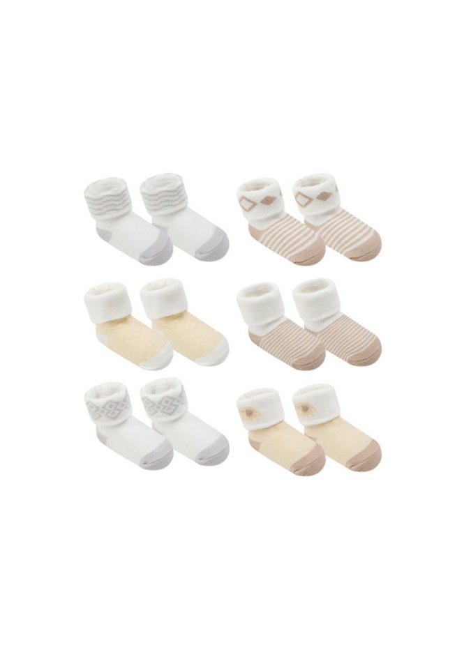 infancie - 6 Pack Turnhead Baby Socks – Newborn to 6 Months, Beige/White - Image 1