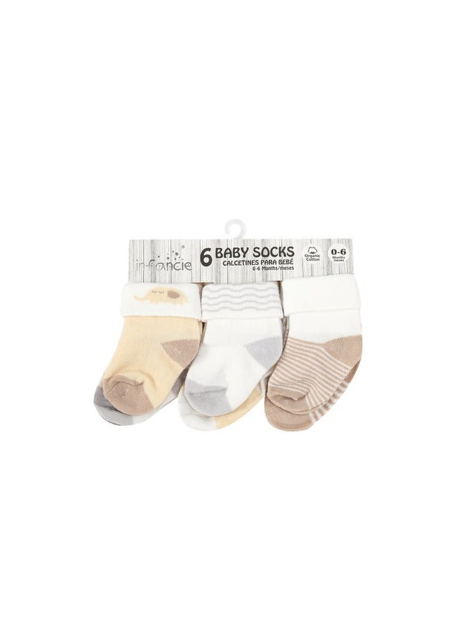 infancie - 6 Pack Turnhead Baby Socks – Newborn to 6 Months, Beige/White - Image 1