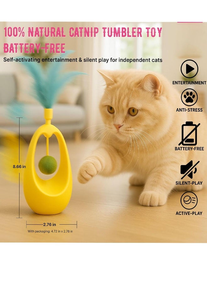 Bukela Cat Feather Toy, Interactive Self-Righting Wobble Tumbler with Catnip Ball for Indoor Cat Exercise and Entertainment, Silent Battery, Free - Perfect for Busy Owners (Yellow) - Image 3