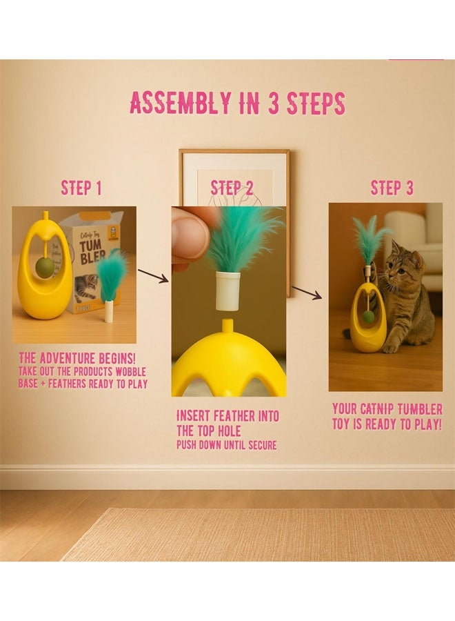 Bukela Cat Feather Toy, Interactive Self-Righting Wobble Tumbler with Catnip Ball for Indoor Cat Exercise and Entertainment, Silent Battery, Free - Perfect for Busy Owners (Yellow) - Image 2