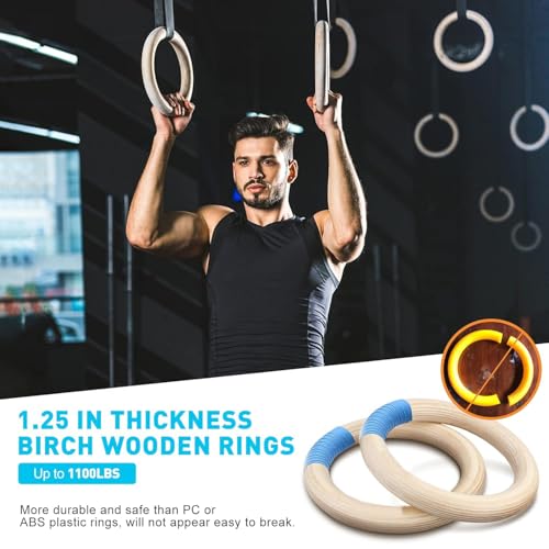BOFFLE Wooden Gymnastic Rings with Adjustable Number Straps, Crossfit Rings for Gym, Workout, Exercise, Outdoor Training, Quick Install Carabiner, 8.5 ft Straps Pull Up Non-Slip Rings - Image 5