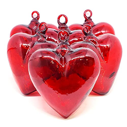 MexHandcraft Red 5.1 inch Large Hanging Glass Hearts (Set of 6), Recycled Blown Glass (LGE Red Hearts) - Image 1