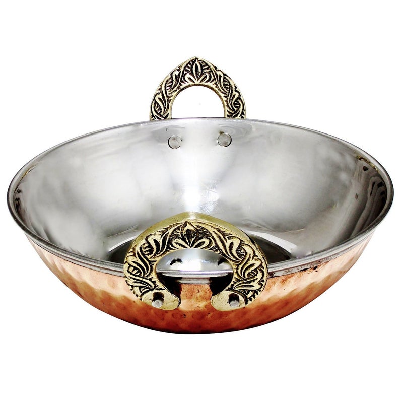 UKAL Set of 4 Indian Copper Serveware Karahi Vegetable Dinner Bowl with Solid Brass Handle for Indian Food Diameter 15 Cm 6 Inches - Image 4