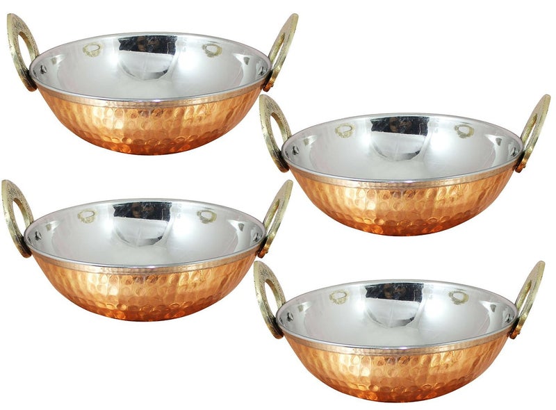 UKAL Set of 4 Indian Copper Serveware Karahi Vegetable Dinner Bowl with Solid Brass Handle for Indian Food Diameter 15 Cm 6 Inches - Image 1
