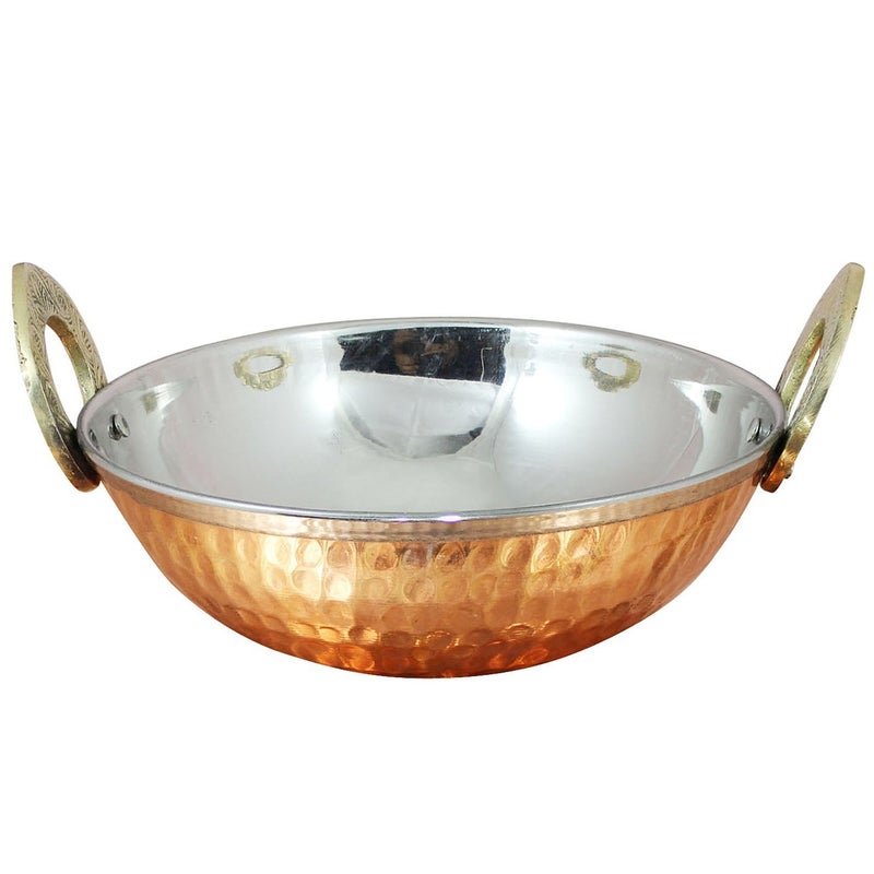 UKAL Set of 4 Indian Copper Serveware Karahi Vegetable Dinner Bowl with Solid Brass Handle for Indian Food Diameter 15 Cm 6 Inches - Image 3