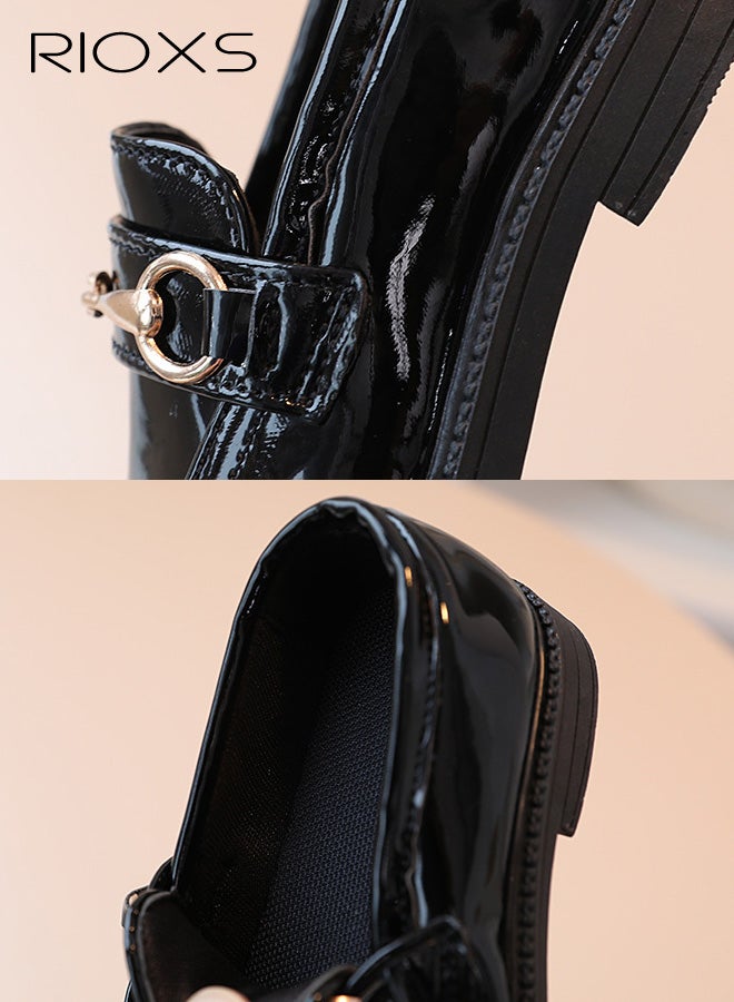 ريوكس حذاء لوفر سميك للبنات، حذاء مسطح من الجلد اللامع سهل الارتداء للأطفال الصغار/الأطفال الصغار، حذاء أوكسفورد كاجوال بسلسلة ومقدمة مستديرة وأحذية رسمية للزي المدرسي لحفلات الزفاف وحفلات التخرج، لون أسود - Image 5