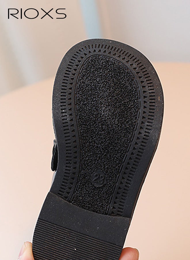 ريوكس حذاء لوفر سميك للبنات، حذاء مسطح من الجلد اللامع سهل الارتداء للأطفال الصغار/الأطفال الصغار، حذاء أوكسفورد كاجوال بسلسلة ومقدمة مستديرة وأحذية رسمية للزي المدرسي لحفلات الزفاف وحفلات التخرج، لون أسود - Image 3