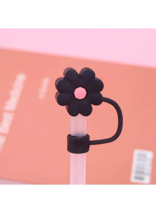 New Silicone Straw Cap 8-10mm Cute Cartoon Dustproof Straw Cap Reusable Cross-border-Color:Silicone Old Black Powder Chrysanthemum 10mm-Specifications:Bagged With Straw [straw Color Random]]  - Image 1