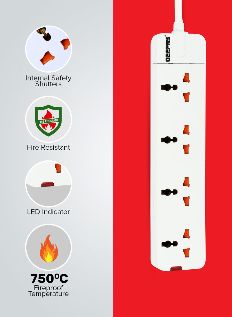 GEEPAS 4 Way Extension Socket 13A - Extension Strip With Led Indicators | Child Safe |Extra Long Cord with Over Current Protected | Ideal For All Electronic Devices White/Orange 35.2x13.4x3.6cm - Image 2