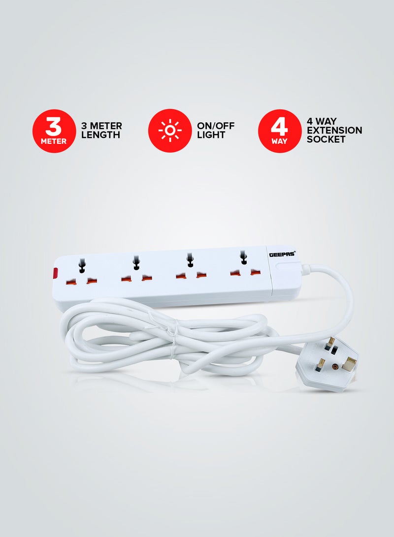 GEEPAS 4 Way Extension Socket 13A - Extension Strip With Led Indicators | Child Safe |Extra Long Cord with Over Current Protected | Ideal For All Electronic Devices White/Orange 35.2x13.4x3.6cm - Image 1