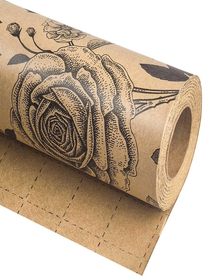 YXTII Kraft Floral Wrapping Paper, Gift Wrap with Cut Lines, Vintage Black Floral Design for Birthday, Wedding, Valentines, Christmas, Bridal Shower, Baby Shower, 17 Inches x 9.8 Feet, Mini Roll - Image 1