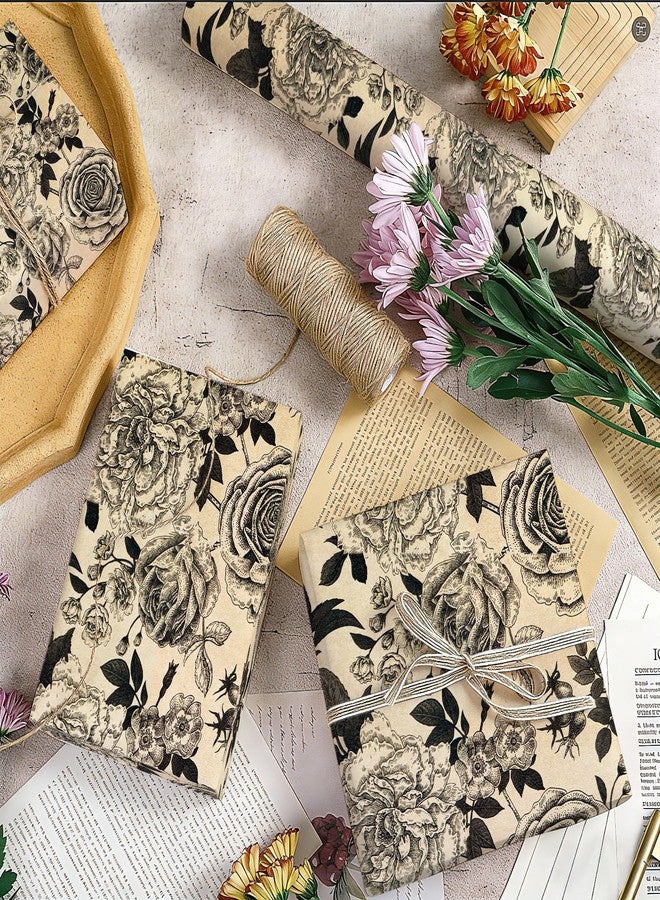 YXTII Kraft Floral Wrapping Paper, Gift Wrap with Cut Lines, Vintage Black Floral Design for Birthday, Wedding, Valentines, Christmas, Bridal Shower, Baby Shower, 17 Inches x 9.8 Feet, Mini Roll - Image 3