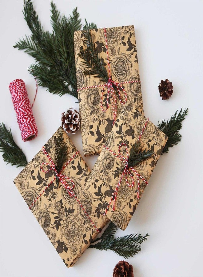 YXTII Kraft Floral Wrapping Paper, Gift Wrap with Cut Lines, Vintage Black Floral Design for Birthday, Wedding, Valentines, Christmas, Bridal Shower, Baby Shower, 17 Inches x 9.8 Feet, Mini Roll - Image 2