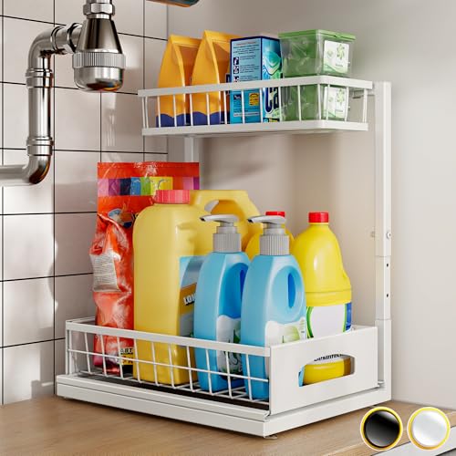 Fabutier Under Sink Organizer, Cabinet Organizer for Kitchen, Height Adjustable Pull Out Heavy Duty 2 Tier Metal Under Sink Storage for Bathroom Pantry (White, 1 Pack) - Image 1
