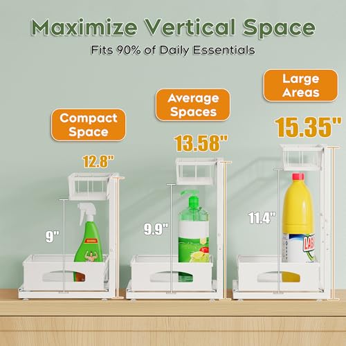 Fabutier Under Sink Organizer, Cabinet Organizer for Kitchen, Height Adjustable Pull Out Heavy Duty 2 Tier Metal Under Sink Storage for Bathroom Pantry (White, 1 Pack) - Image 4