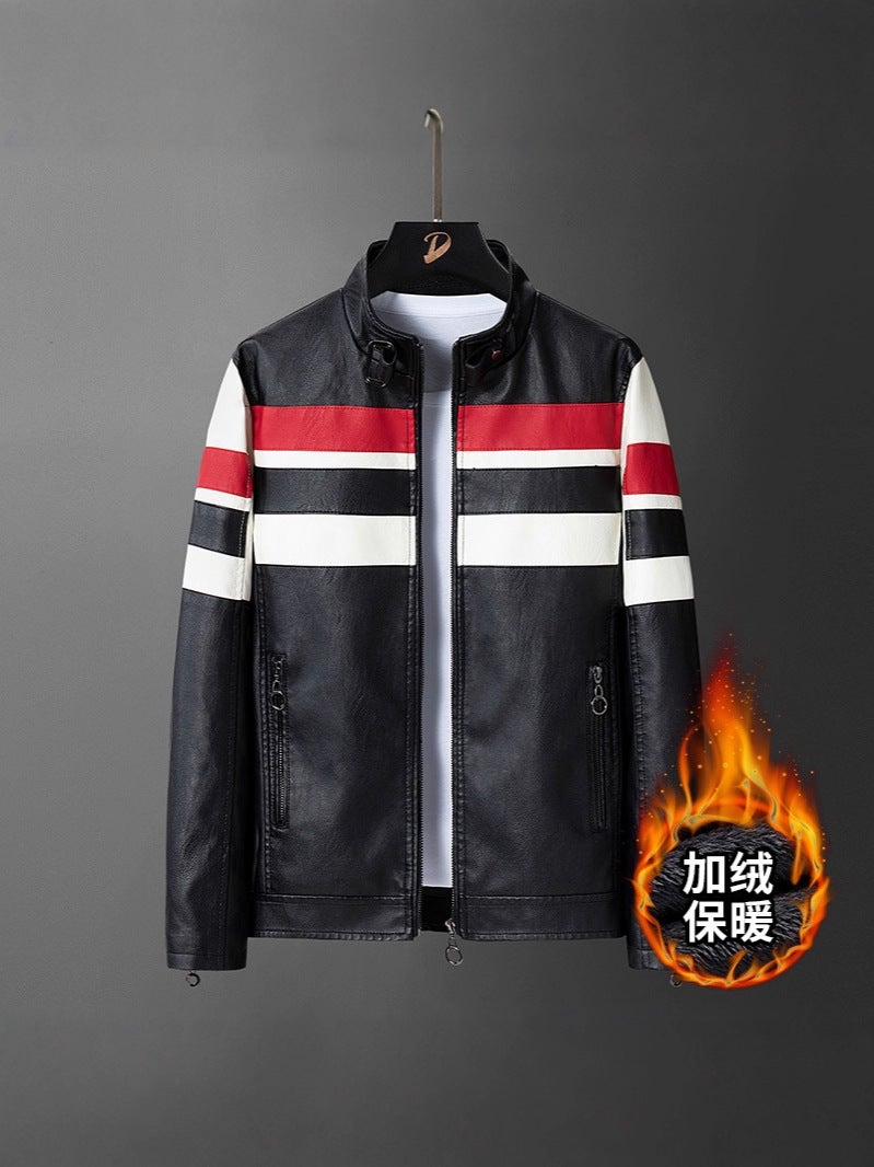 Men'S Faux Leather Racing Jacket Winter Fleece Thickened Warm Windproof Motorcycle Jacket Trendy Fashion - Image 2