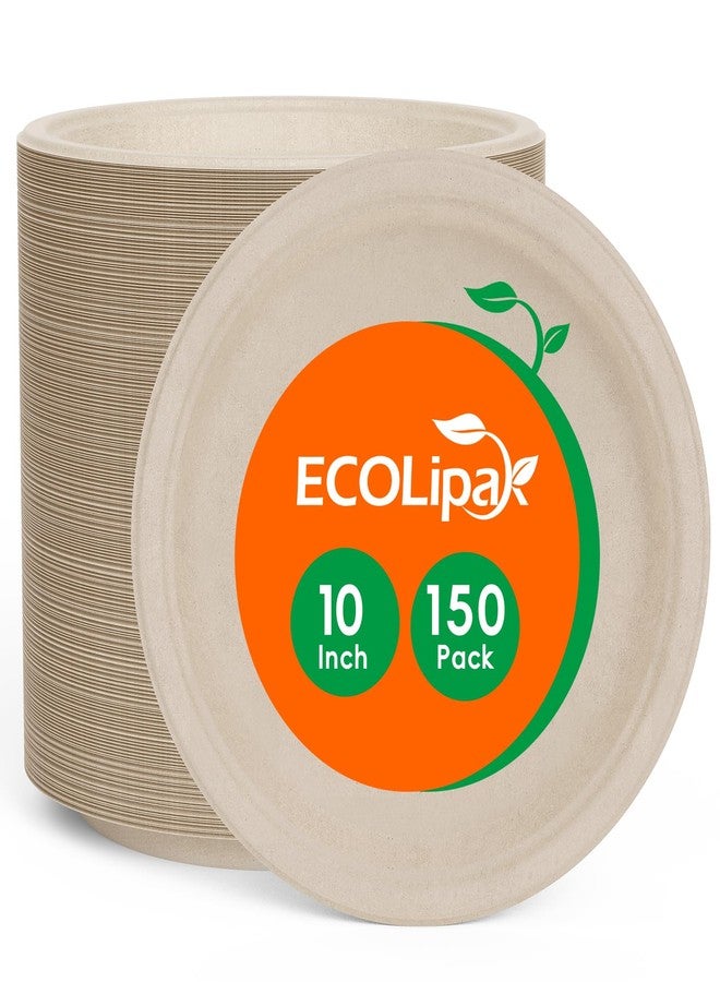 ECOLipak Paper Plates 10 Inch, 150 Pack Compostable Heavy Duty Disposable Biodegradable Sugarcane Bagasse Eco Friendly Paper Plates for Party Dinner - Image 1