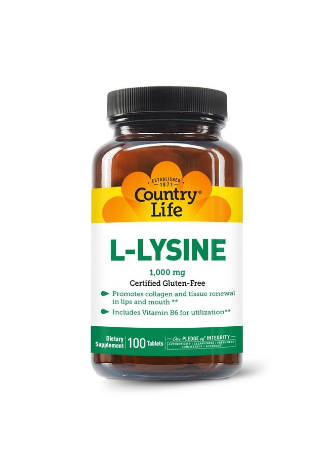 Country Life Llysine 1000Mg With Vitamin B6100 Tablets Promotes Collagen And Tissue Renewal Aids Utilization Glutenfree  - Image 1
