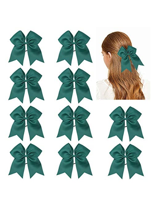 CN Large Cheer Hair Bows CN 10pcs 8 Ponytail Holder Handmade Girls Elastic Hair Ties for Cheerleading Teen Girls College Sports Softball Competition Elastic Band Dark green 
