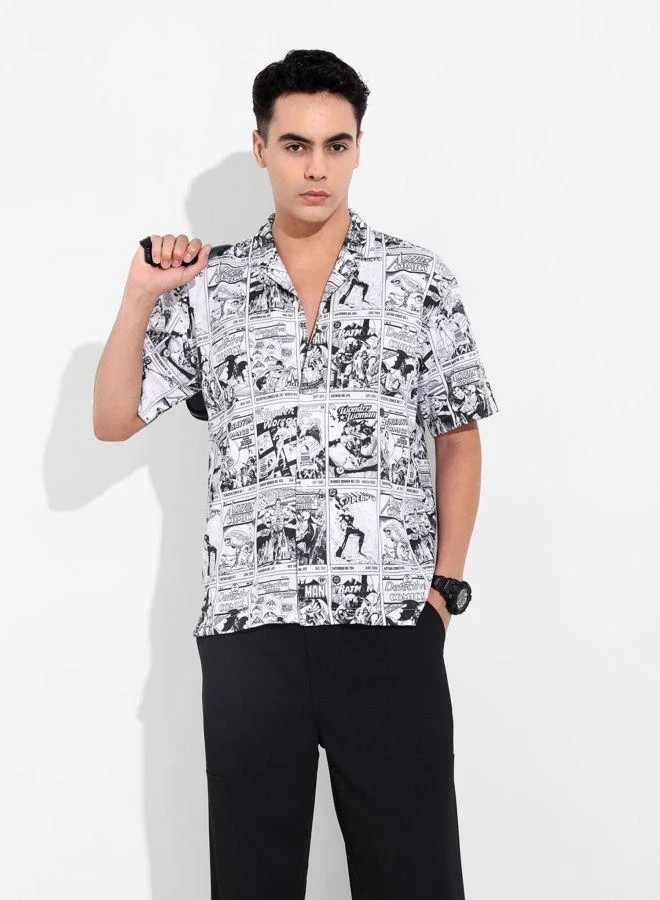 شركة المرآب الهندية Men Relaxed Fit Justice League Printed Cuban Collar Half Sleeves Shirt