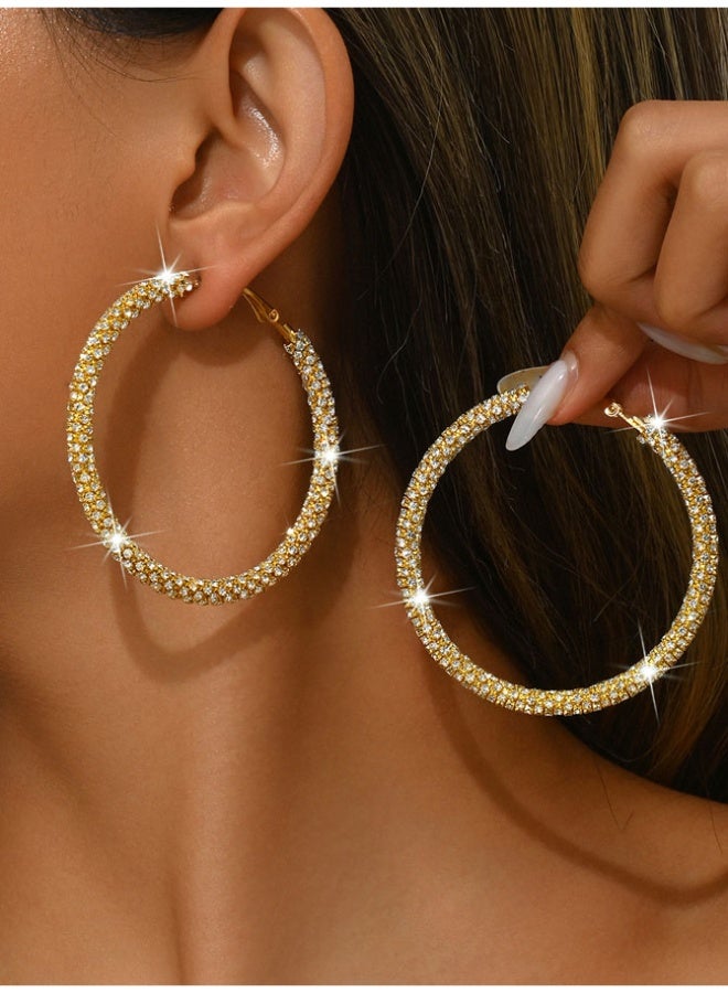 6cm Large Gold Plated Fully Paved Cubic Zirconia Hoop Earrings, 925 Silver Hypoallergenic Posts - Sparkling Statement Jewelry for Daily & Party Wear - Image 1