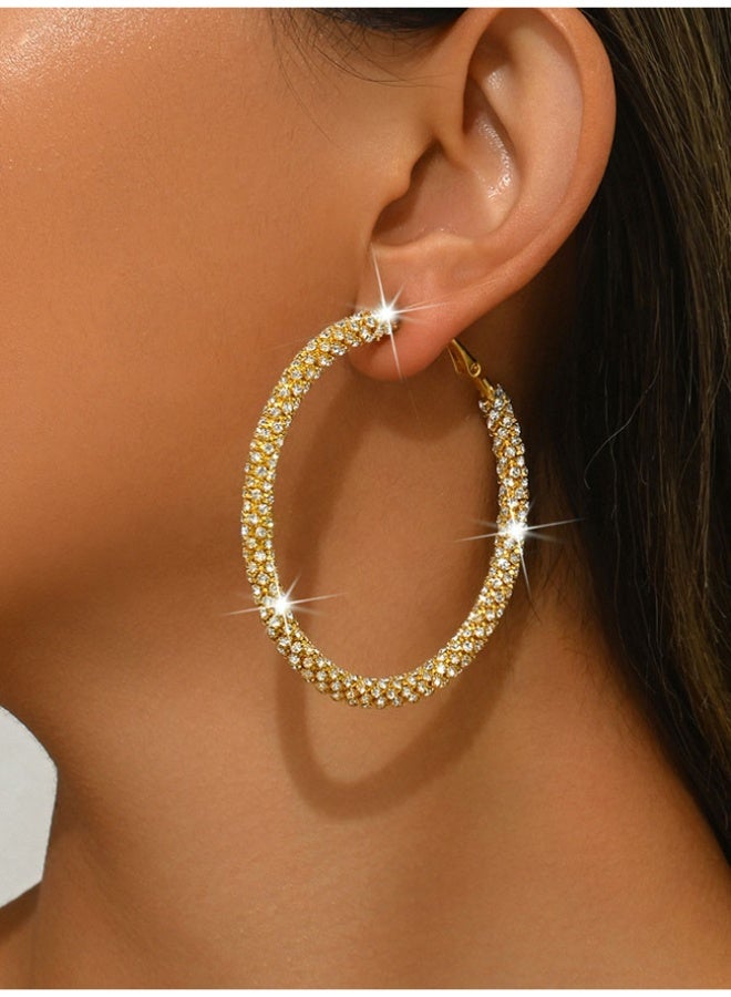 6cm Large Gold Plated Fully Paved Cubic Zirconia Hoop Earrings, 925 Silver Hypoallergenic Posts - Sparkling Statement Jewelry for Daily & Party Wear - Image 2