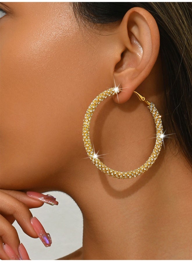 6cm Large Gold Plated Fully Paved Cubic Zirconia Hoop Earrings, 925 Silver Hypoallergenic Posts - Sparkling Statement Jewelry for Daily & Party Wear - Image 3