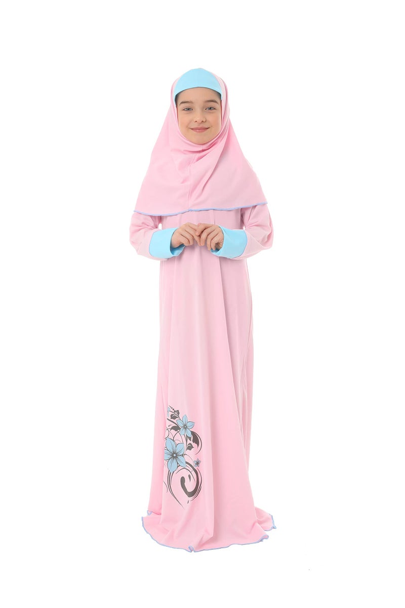 Girls Prayer Islamic Dress Flower Printed Sleeve Cuffed Prayer Set for Muslim Girls 100 Pink 1011