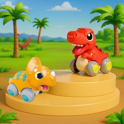 GRAPHENE Push & Go Dinosaur Toy Car for Toddlers Friction Powered Dino Vehicle Battery Free Mini Pull Back Cool Dragon Car Safe & Durable Montessori Toy Birthday Gift Pack of 2 (Random Design) - Image 1