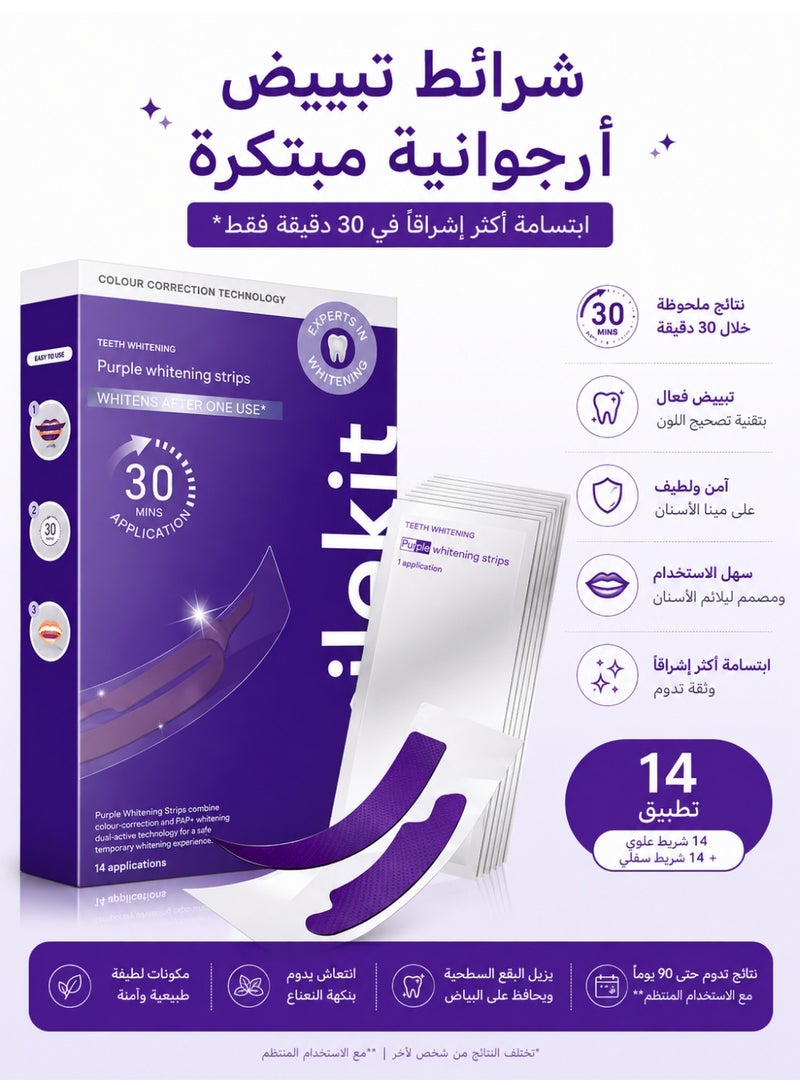SMILEKIT Purple Teeth Whitening Strips – 30-Minute Visible Whitening with Colour Correction Technology & PAP+ Dual-Active Formula, Removes Wine, Coffee, Tea, Cola, and Smoking Stains for a Brighter, Pearly White Smile – 14 Applications - Image 1