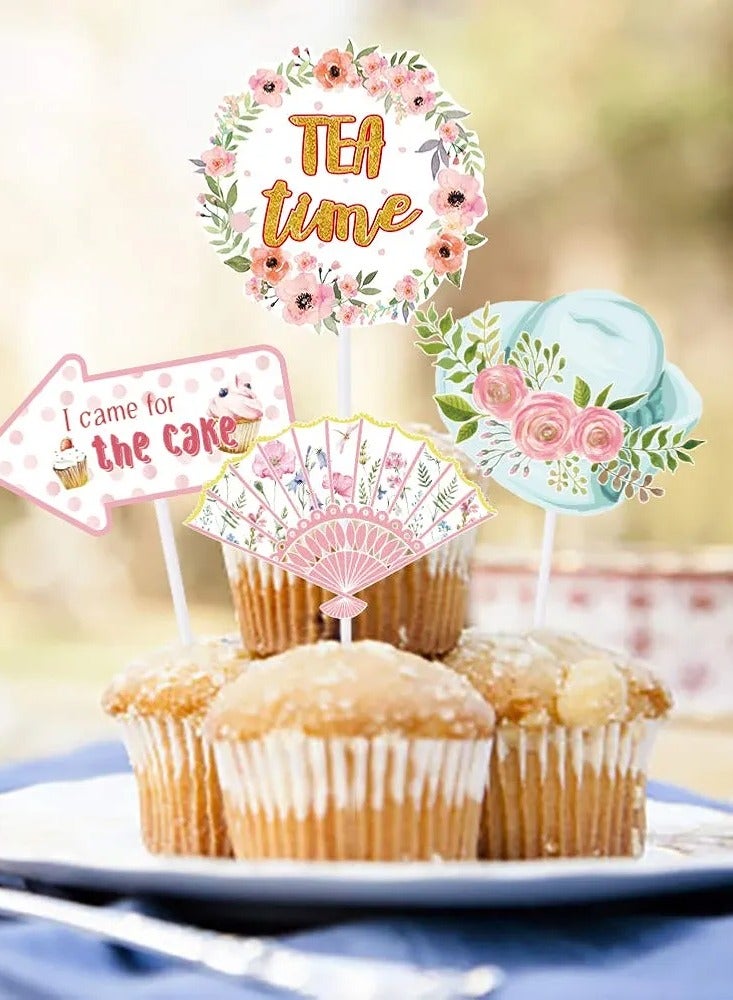 Tea Party Decorations Teapot Cake Toppers Cupcake Toppers for Wedding Bridal Shower Birthday Girls Afternoon Mother' s Day Party Supplies 24 Pcs  - Image 1