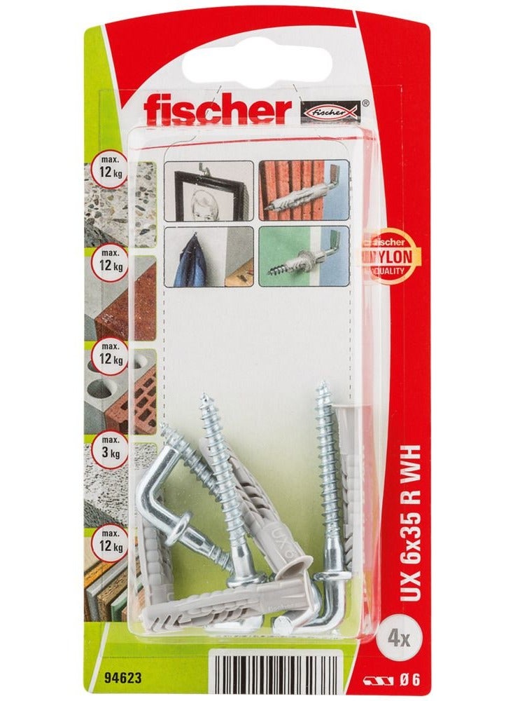 Fischer Nylon Universal Fixing Plug W/Angle Hook UX 6x35 WH B 6Pcs